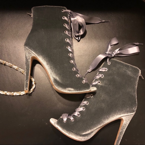 Charlotte Russe Shoes - Platinum Gray Velvet Stiletto Satin laceup Booties